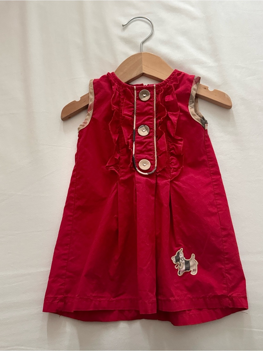Burberry Red Sleeveless Ruffle Front Dress with Dog Appliqué